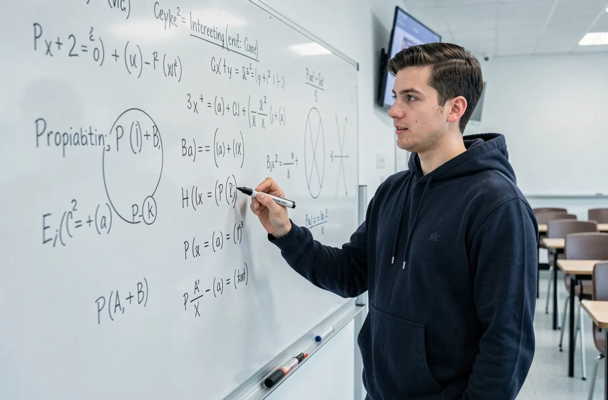 Étudiant expliquant le calcul de P(A inter B) devant un tableau blanc avec des diagrammes de Venn et formules de probabilité