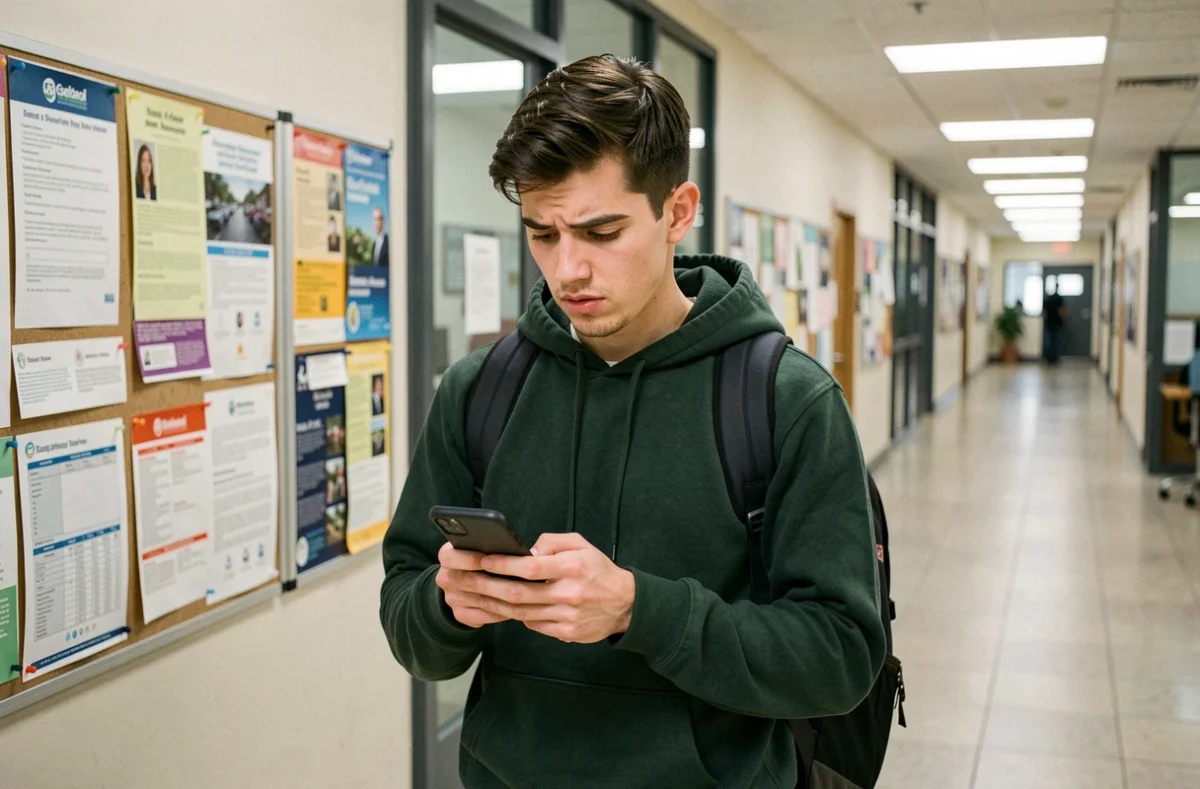 Étudiant primo-entrant consultant le parcours d'inscription LEO UGA sur son smartphone dans un couloir universitaire