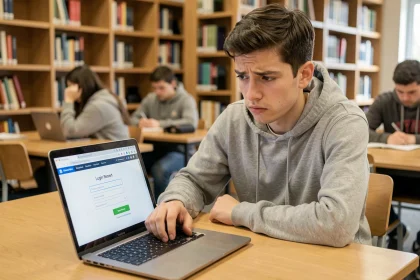 Étudiant frustré devant un écran de connexion ENT avec formulaire de réinitialisation de mot de passe