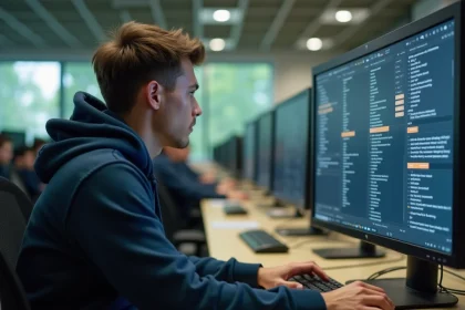 Étudiant paramétrant un logiciel technique en salle informatique universitaire pour une séance de travaux pratiques