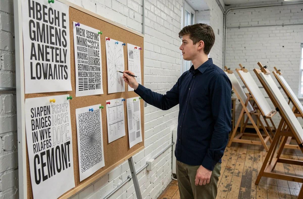 Étudiant en classe préparatoire design présentant ses travaux typographiques sur un tableau de références