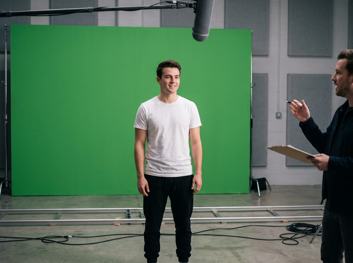 Étudiant en acting face à un écran vert dans un studio de formation cinéma et audiovisuel
