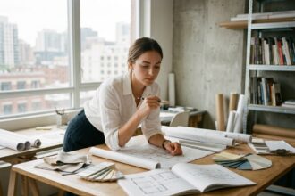Étudiante en architecture d'intérieur travaillant sur des plans dans un studio professionnel