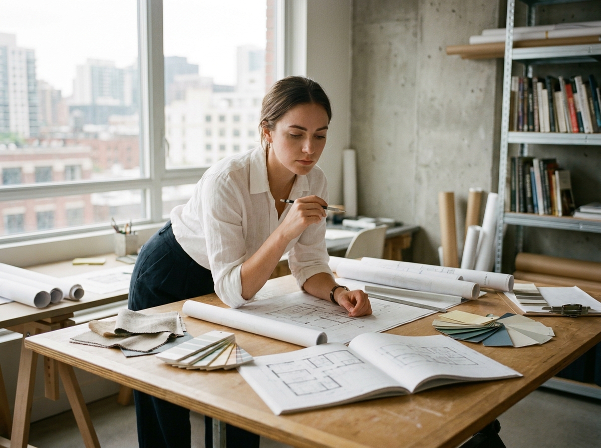 Étudiante en architecture d'intérieur travaillant sur des plans dans un studio professionnel