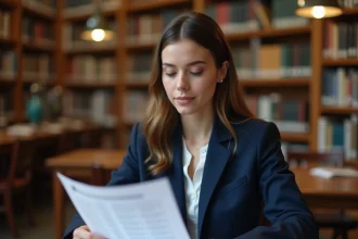 Étudiante consultant un classement d'écoles de commerce dans une bibliothèque universitaire