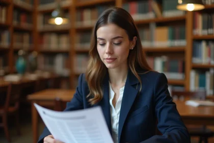 Étudiante consultant un classement d'écoles de commerce dans une bibliothèque universitaire