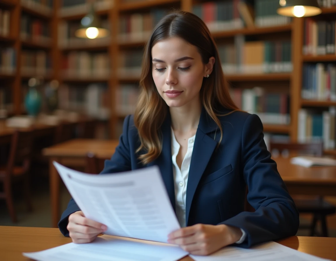 Étudiante consultant un classement d'écoles de commerce dans une bibliothèque universitaire