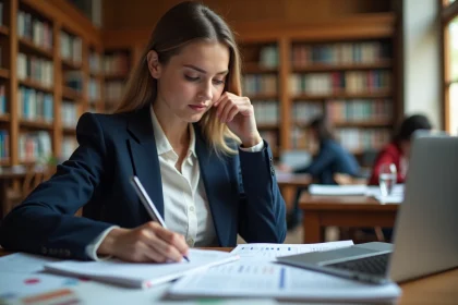 Étudiante consultant le classement SIGEM 2026 dans une bibliothèque universitaire avec des brochures d'écoles de commerce