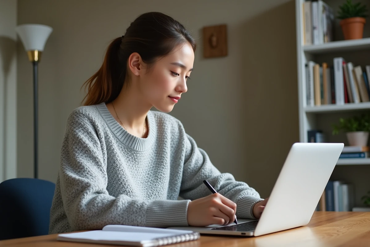 Étudiante comparant deux plateformes de formation en ligne sur son ordinateur portable dans un bureau à domicile