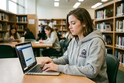 Étudiante connectée au portail Eduservices my campus sur un ordinateur portable dans une bibliothèque universitaire moderne