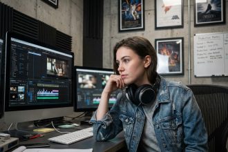 Étudiante en école de cinéma au montage vidéo sur un poste de travail professionnel