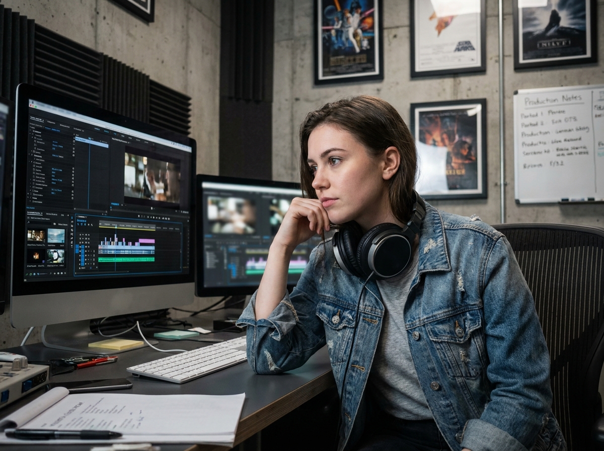 Étudiante en école de cinéma au montage vidéo sur un poste de travail professionnel