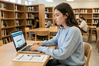 Étudiante primo-entrante effectuant son inscription sur le portail LEO UGA à la bibliothèque universitaire