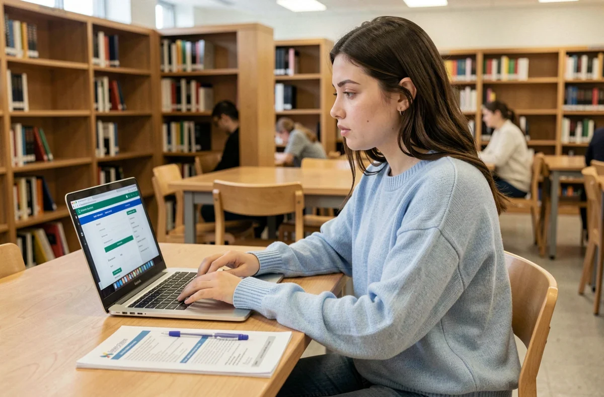 Étudiante primo-entrante effectuant son inscription sur le portail LEO UGA à la bibliothèque universitaire