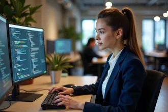 Étudiante en master informatique travaillant sur des projets de développement dans un open space professionnel moderne