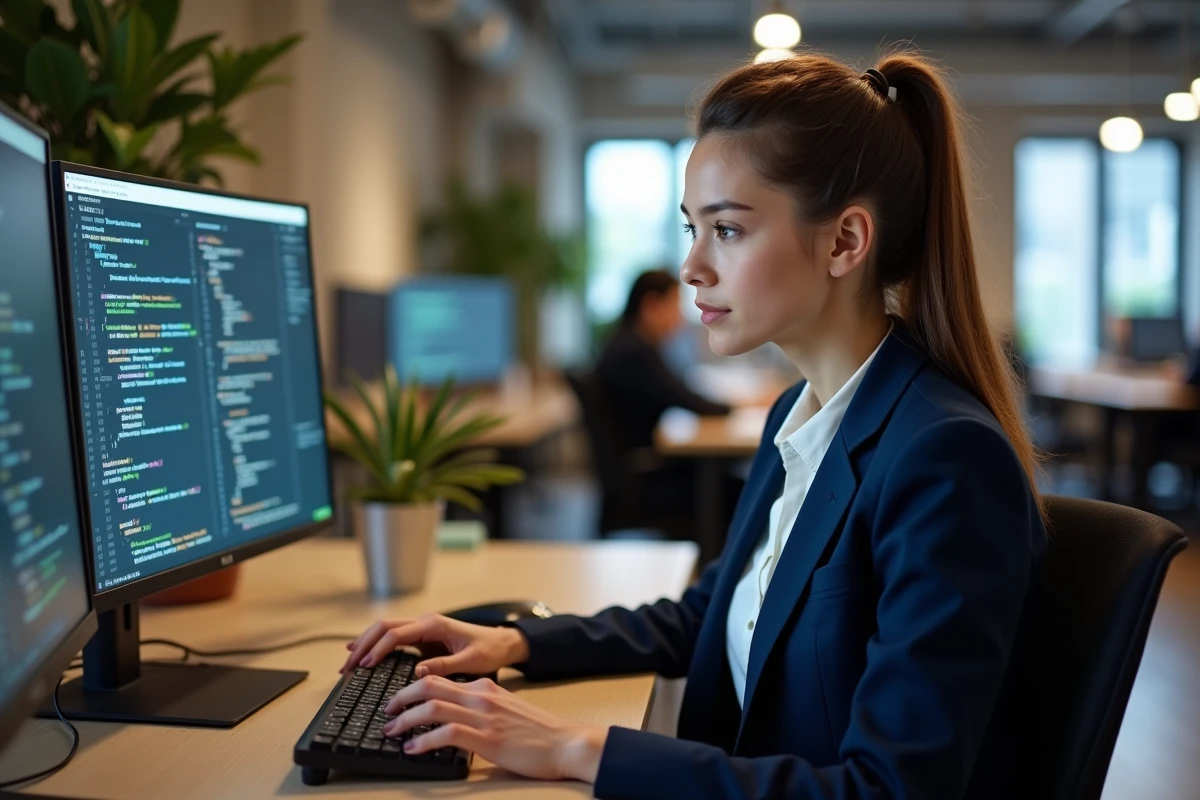 Étudiante en master informatique travaillant sur des projets de développement dans un open space professionnel moderne