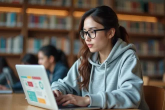 Étudiante utilisant la plateforme Moodle sur un ordinateur portable dans une bibliothèque universitaire moderne en 2026