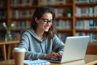Étudiante utilisant une application de planning numérique sur son ordinateur portable dans une bibliothèque universitaire