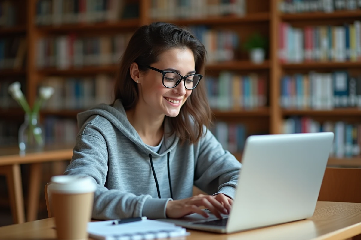 Étudiante utilisant une application de planning numérique sur son ordinateur portable dans une bibliothèque universitaire