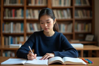 Étudiante en prépa BCPST concentrée dans une bibliothèque universitaire entourée de manuels de biologie et de mathématiques