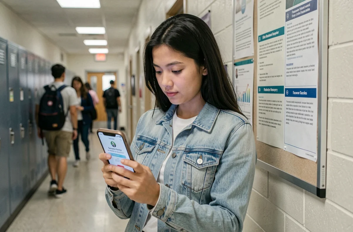 Étudiante consultant un email de récupération de mot de passe ENT sur son smartphone dans un couloir universitaire
