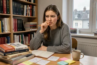 Étudiante révisant la déclinaison allemande avec des fiches mnémotechniques et des livres de grammaire sur son bureau