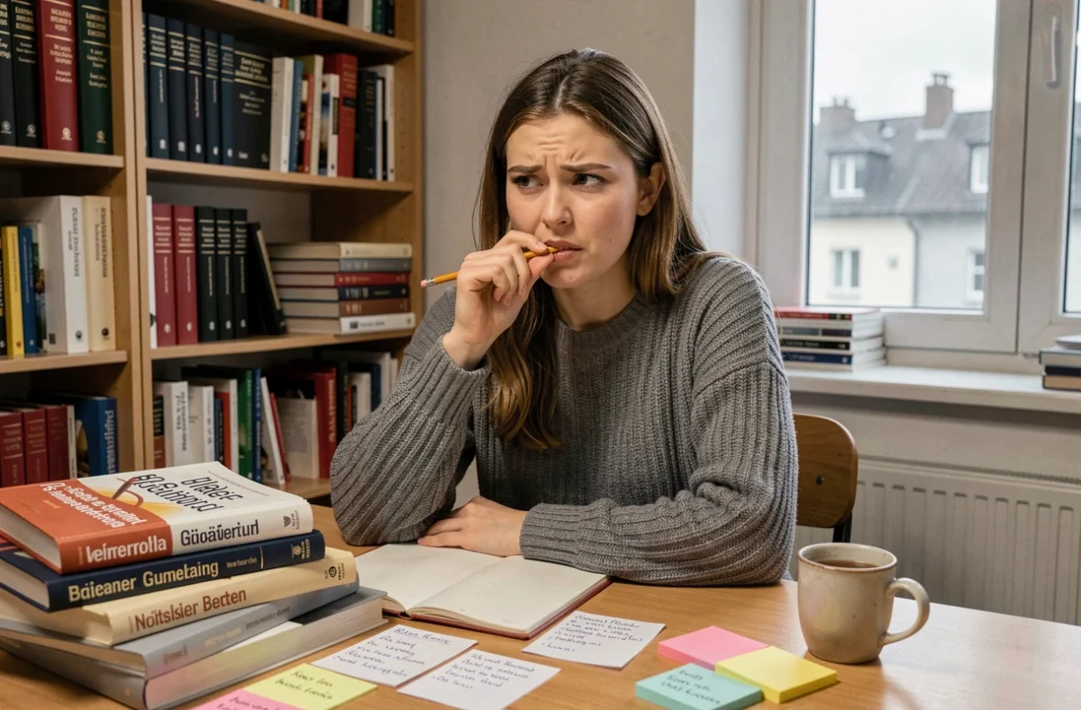 Étudiante révisant la déclinaison allemande avec des fiches mnémotechniques et des livres de grammaire sur son bureau