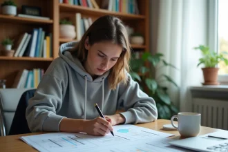 Étudiante STMG remplissant un tableau de caractérisation organisationnelle à son bureau avec des notes de cours