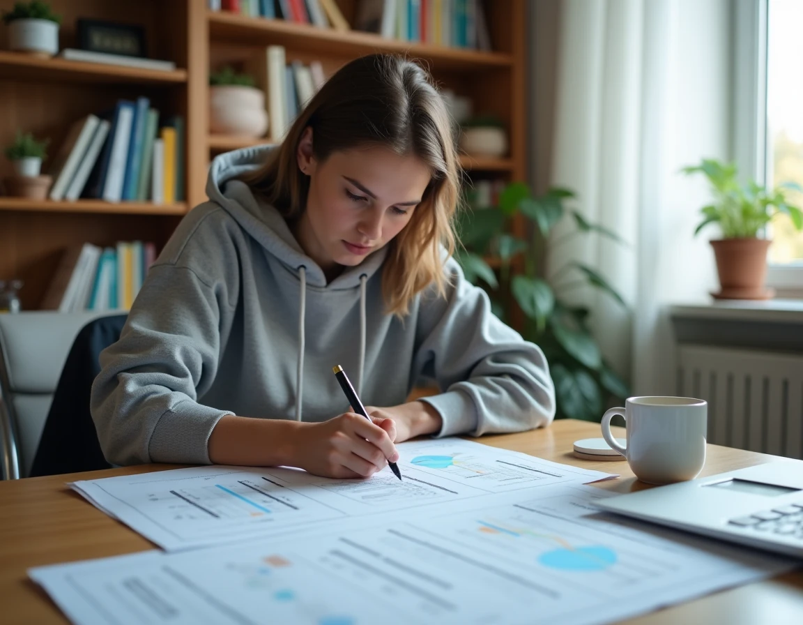 Étudiante STMG remplissant un tableau de caractérisation organisationnelle à son bureau avec des notes de cours