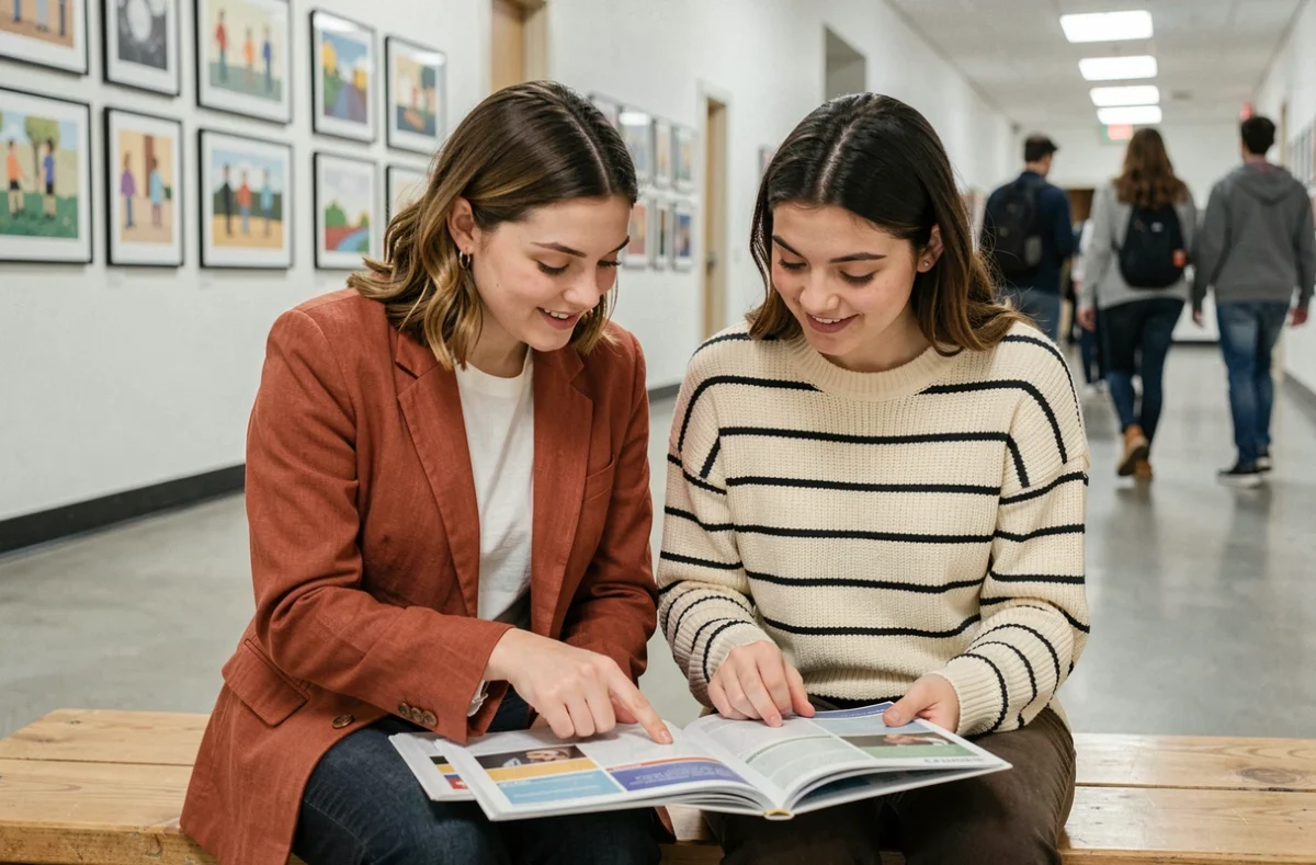 Deux étudiantes consultant un guide des cursus et débouchés du dNMADE dans un couloir de grande école de design