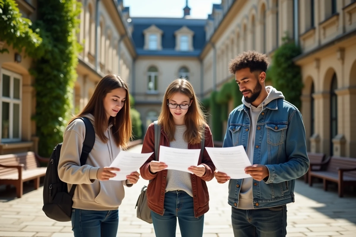 Groupe d'étudiants consultant le classement des prépas BCPST dans la cour d'un campus universitaire français