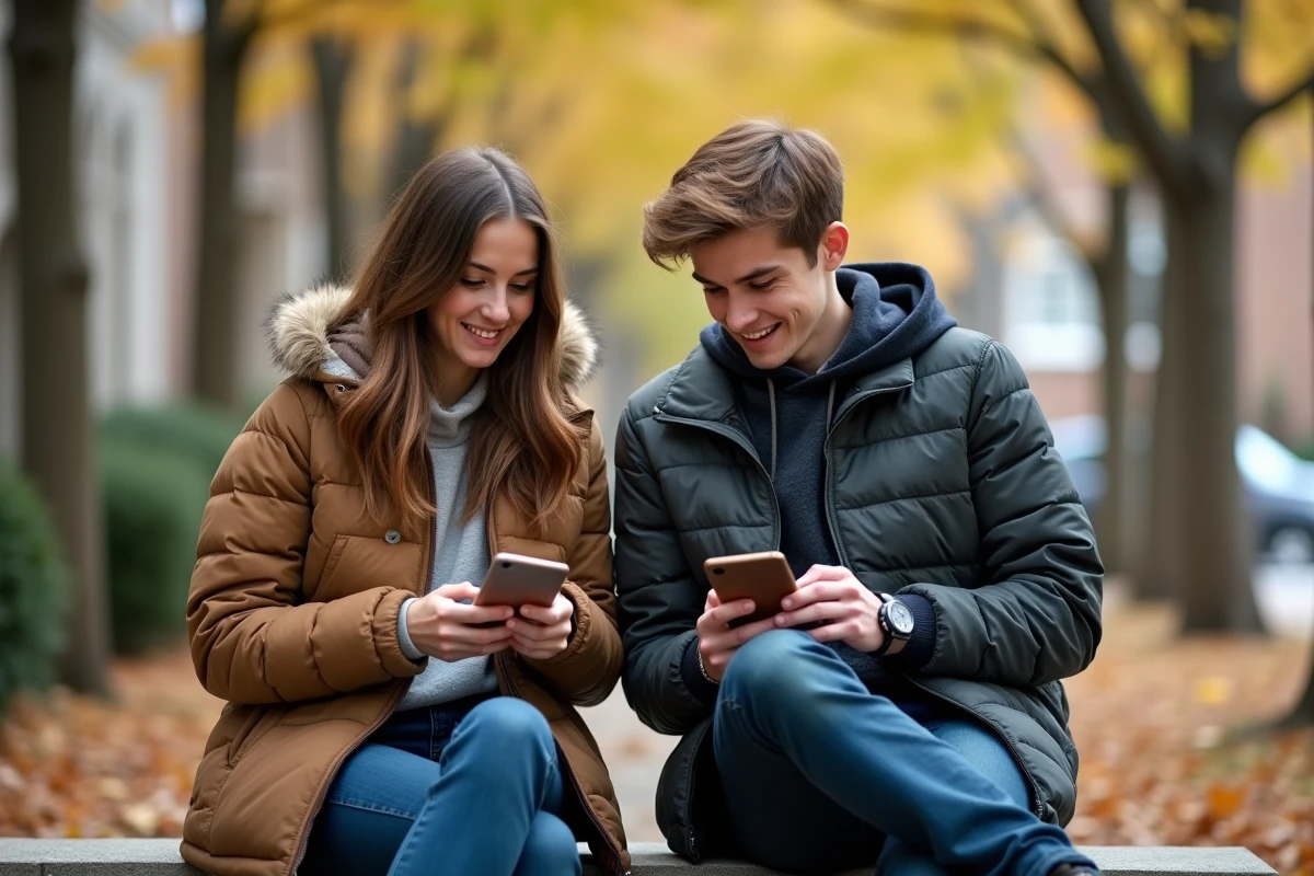 Deux étudiants comparant des portails de formation sur leurs smartphones en extérieur sur un campus universitaire