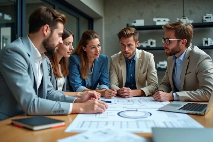 Étudiants en école d'ingénieur collaborant autour de documents de classement et de schémas techniques dans un laboratoire universitaire moderne