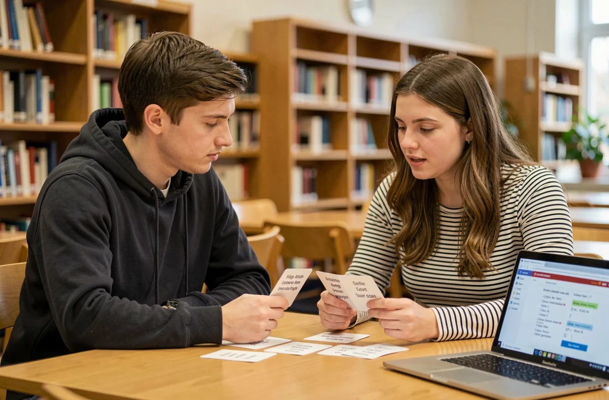Deux étudiants s'entraident pour mémoriser les déclinaisons allemandes avec des fiches à la bibliothèque universitaire