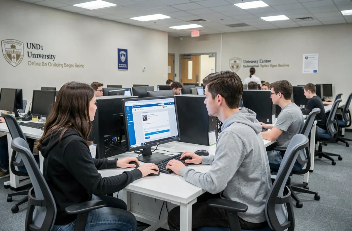 Deux étudiants utilisant ensemble le portail Eduservices my campus sur un ordinateur de salle informatique en campus