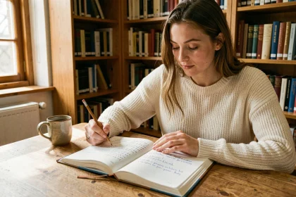 Jeune femme étudiant la conjugaison du verbe connaître au passé simple dans une bibliothèque avec un manuel de grammaire française