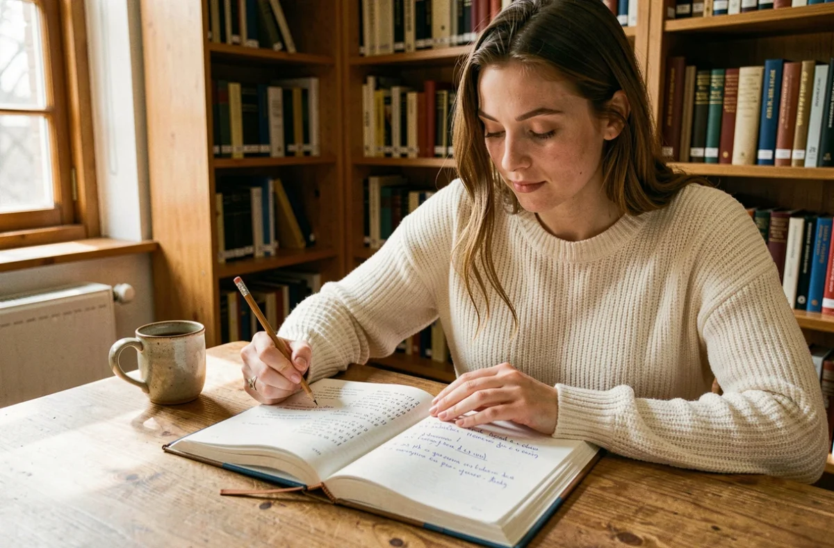 Jeune femme étudiant la conjugaison du verbe connaître au passé simple dans une bibliothèque avec un manuel de grammaire française