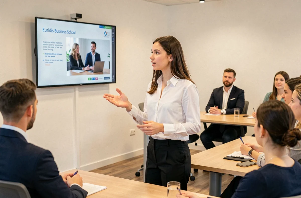 Étudiante d'Euridis Business School Strasbourg s'entraînant à une présentation commerciale devant ses pairs