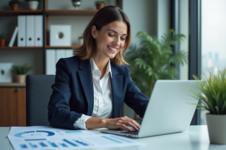 Femme d'affaires en blazer navy souriante dans un bureau moderne