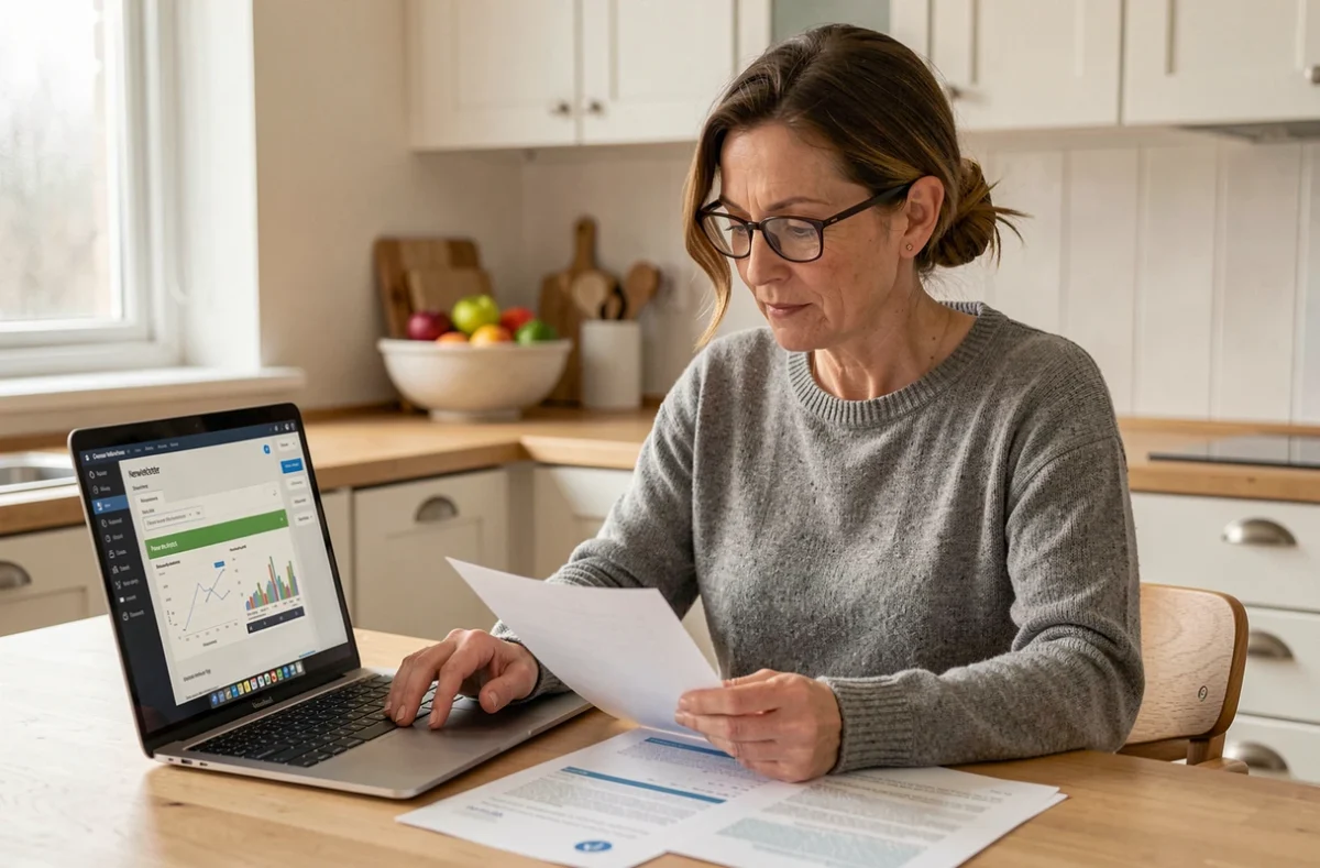 Femme analysant ses rapports de campagnes emailing et son outil de newsletter depuis sa cuisine