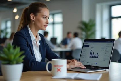 Femme professionnelle analysant les statistiques de sa campagne newsletter sur un logiciel de marketing par email