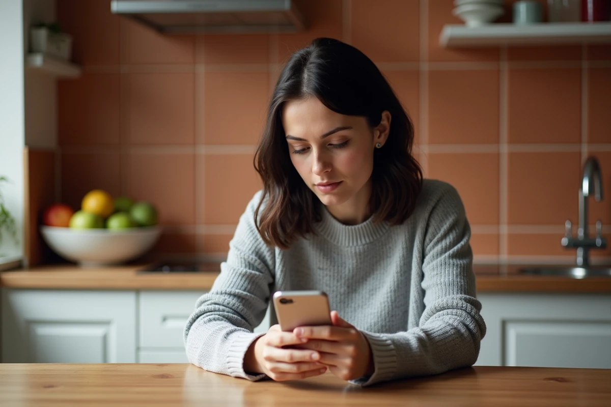 Femme consultant une application sur son smartphone dans une cuisine moderne française