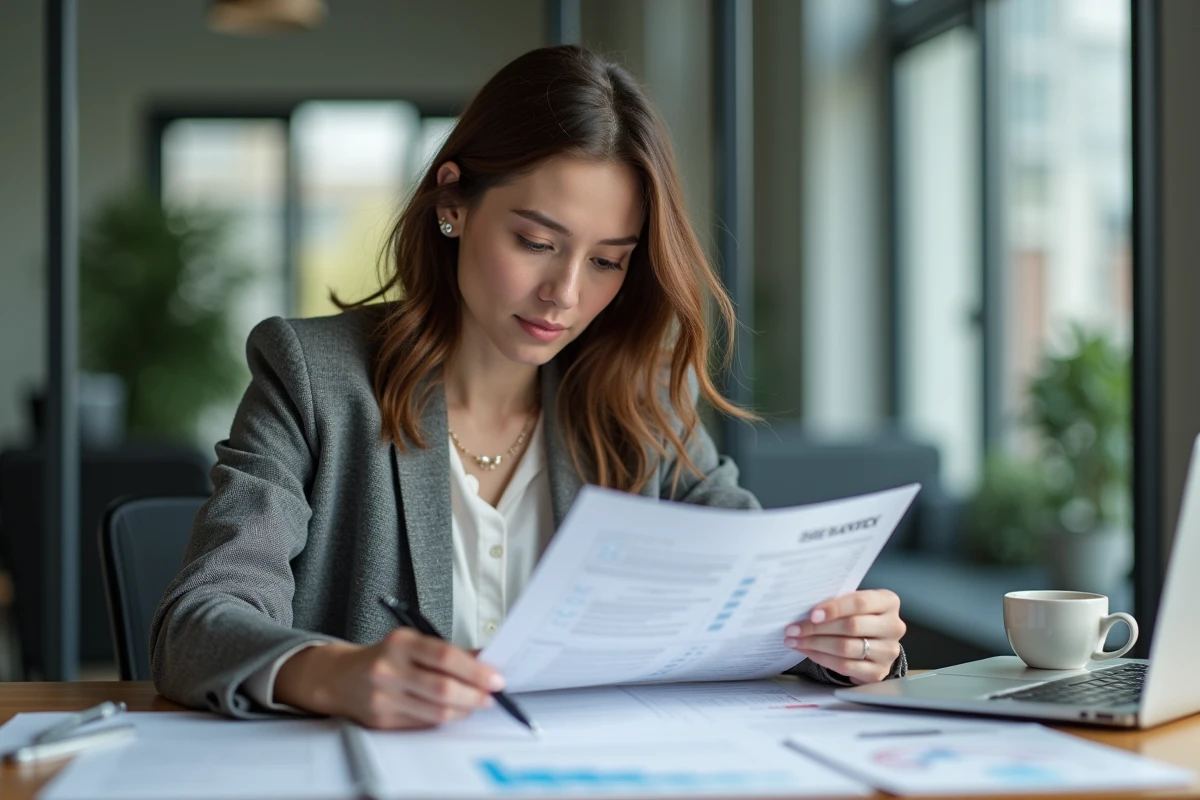 Femme au bureau vérifiant une checklist avec concentration