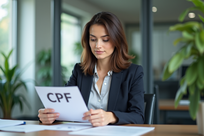 Femme en bureau examinant un document CPF