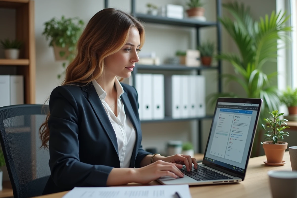 Femme en bureau professionnel consulte ses e-mails sur son ordinateur