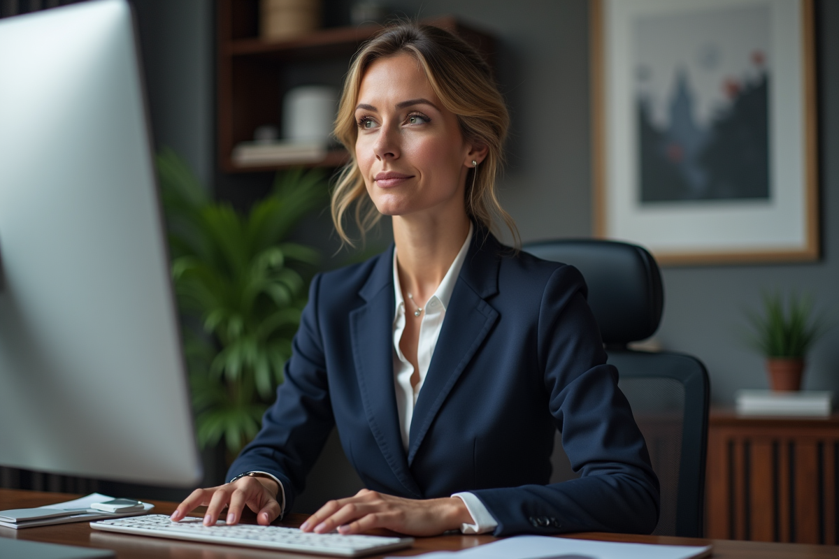 Femme confiante travaillant sur son ordinateur dans un bureau