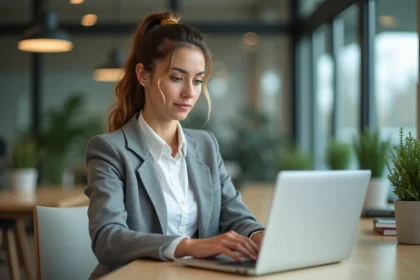 Jeune femme au bureau s&eacute;curisant un compte en ligne