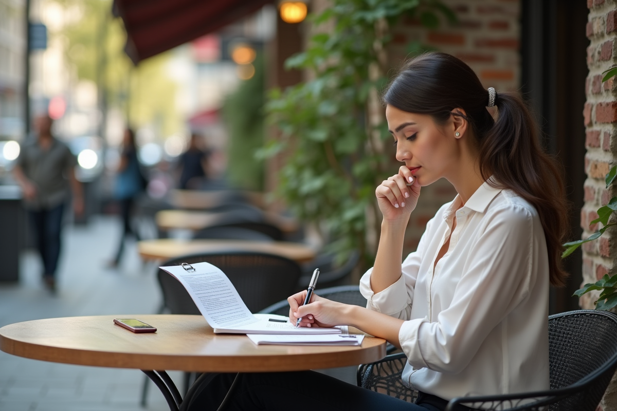 Jeune femme lisant un manuel dans un café en plein air