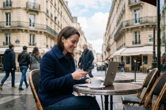 Femme assise dans un café parisien avec ordinateur et smartphone
