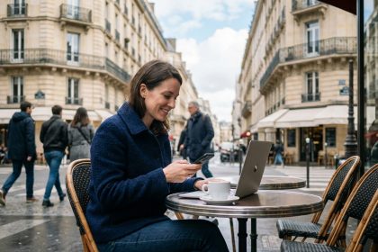 Femme assise dans un café parisien avec ordinateur et smartphone